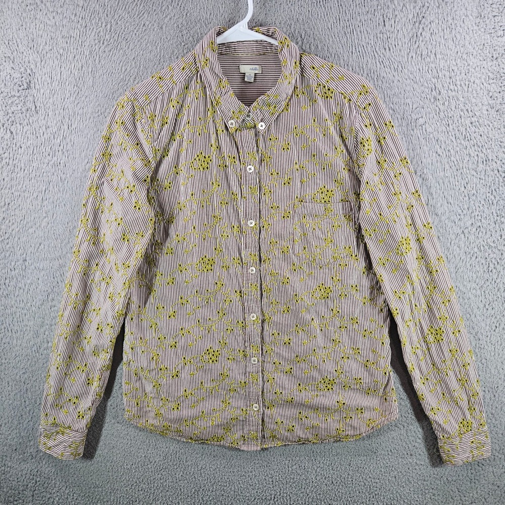 Odille Anthropologie Brown Striped Green Floral Eyelet Cotton Shirt Womens‎ 14